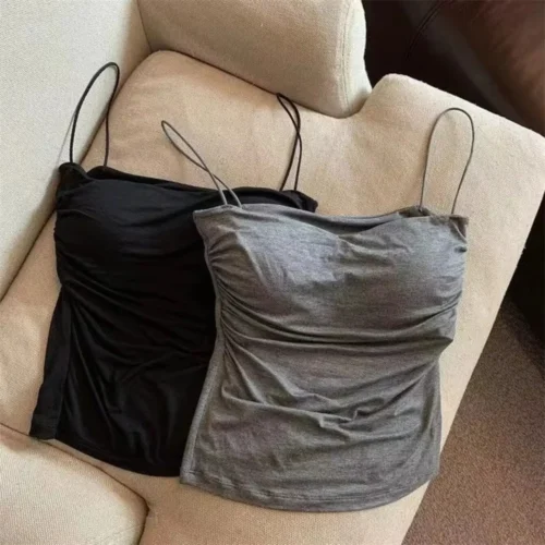 Alternative view of 1 Pc Stylish Waist Pleated Corset - Soft support fixed chest pad sleeveless vest Sexy short top with thin straps Solid color