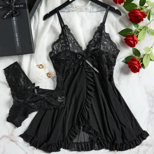 Lingerie Dress with Lace See-Through Design for Women Slim Soft V Neck Sleepwear - Image 3