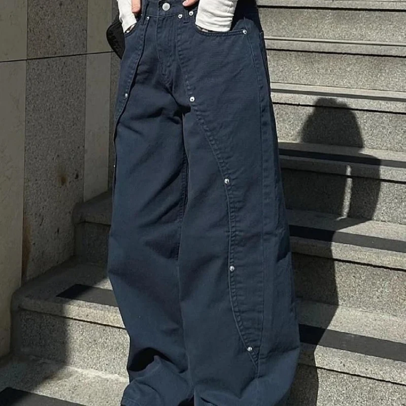 Vintage Retro Wide Leg Jeans for Women - Relaxed Fit with Rivet Patchwork and Split Design - Image 3