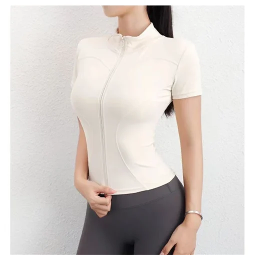 Slim Stand Collar Full Zipper Short Sleeve Yoga Tops for Women Casual Workout and Running - Image 3