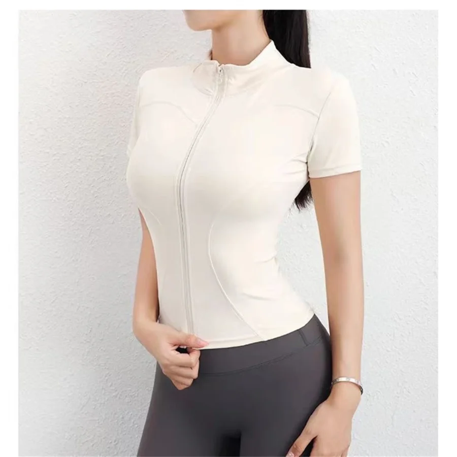 Women Summer Slim Yoga Tops Stand Collar Full Zipper Short Sleeves Shirts Solid Workout Clothes Gym Running Coats Lady Casual - Image 3