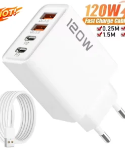 4 Port 120W USB C Fast Charger Station PD QC3.0 Wall Adapter Data Cable For iPhone Samsung Xiaomi Huawei EU US UK Plug Travel