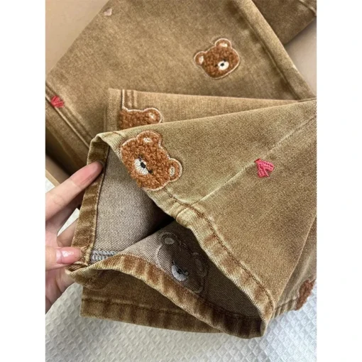 Wide Leg High Waisted Jeans with Lace Teddy Bear Embroidery for Casual Commuting - Image 2