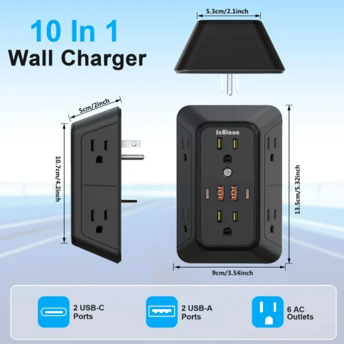 US Plug Power Strip Multitap 6 AC Outlets 2 USB 2 Type C Port Charge Electrical Socket Network Filter Fast Charging Home Office