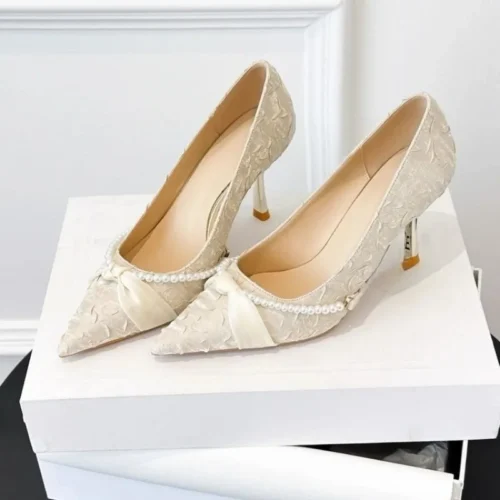 Beaded Slip-on Slim Heel Single Shoes Autumn New Pointed Toe Shallow Mouth Cloth Surface Anti-Slip Wear-Resistant High Heels