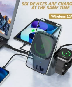 Alternative view of 80W 6-in-1 GaN Charging Station Wireless Adapter With Type C PD 60W Retractable Charging Cable Fast Charger for iPhone Laptops
