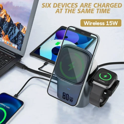 Alternative view of 80W 6-in-1 GaN Charging Station Wireless Adapter With Type C PD 60W Retractable Charging Cable Fast Charger for iPhone Laptops