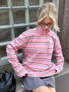 Oversized Long Sleeve T-Shirt with Vintage Inspired Striped Polo Collar for Women - Pink, L