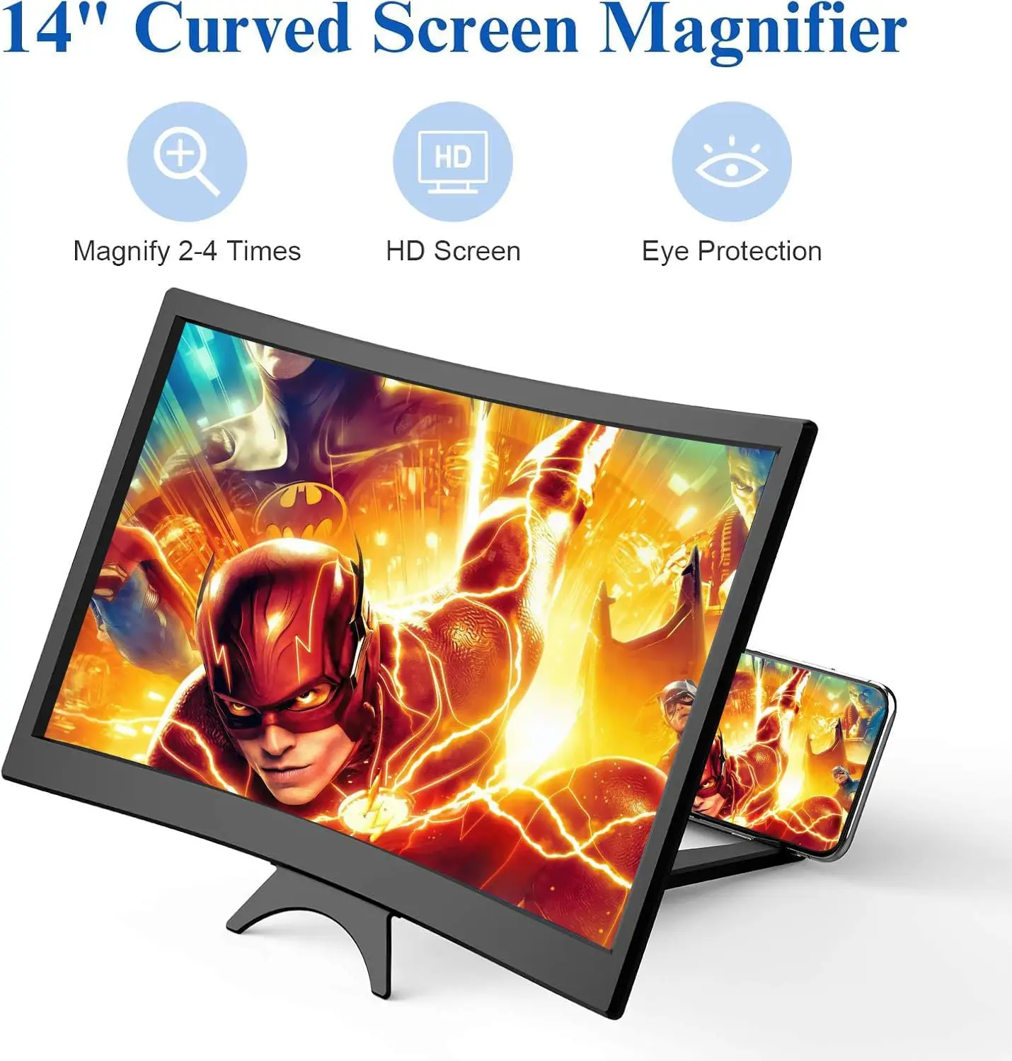 14" Curved Screen Magnifier 3D HD Projector for Movies Gaming & Video Foldable Phone Stand Universal Smartphone Compatible