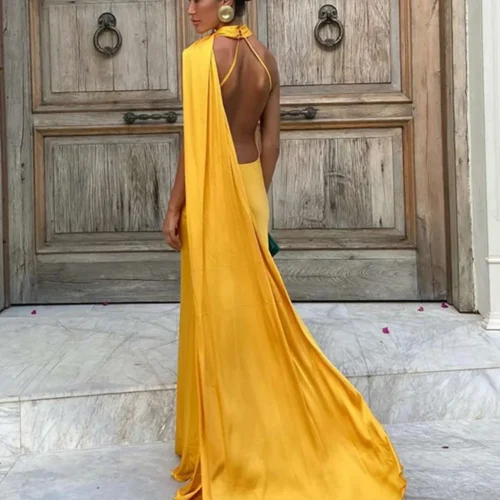 Alternative view of Elegant Ribbon Halter Dress Women Solid Off Shoulder Sleeveless Backless Slim Maxi Dresses 2025 Summer Autumn Party Robes Lady