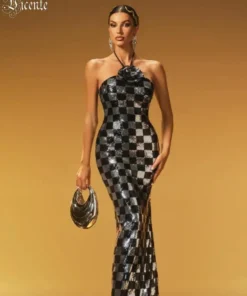 VC Elegance Black Halter Plaid Sequins & 3D Flower Details Backless Sleeveless Maxi Dress for Party Prom Gala Evening Gown