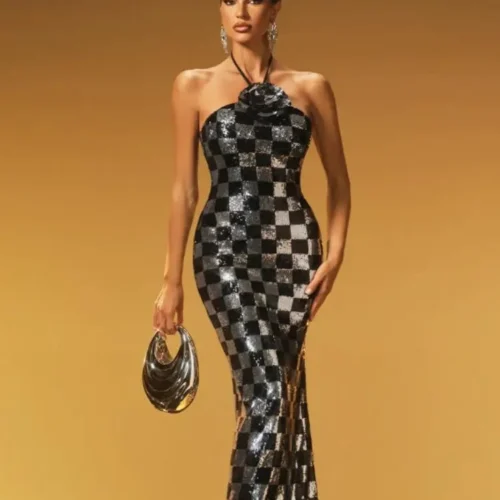 VC Elegance Black Halter Plaid Sequins & 3D Flower Details Backless Sleeveless Maxi Dress for Party Prom Gala Evening Gown