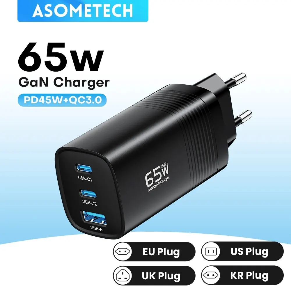 ASOMETECH 65W GaN USB-C Charger - Quick Charging for MacBook, iPad, and iPhone