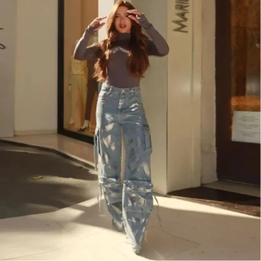 Vintage Denim Wide-Leg Baggy Jeans for Women with Autumn High Street Print - Image 3