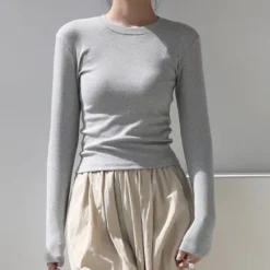 Alternative view of Cotton O Neck Long Sleeve Shirt Women Cropped Casual Slim Fit Tops for Autumn