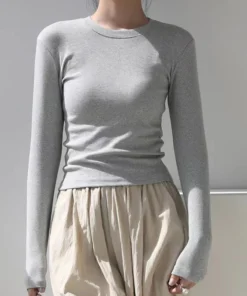 Alternative view of Cotton O Neck Long Sleeve Shirt Women Sexy Cropped Tops 2025 Autumn Black Casual Skinny Slim Basic Woman T Shirts White Clothing