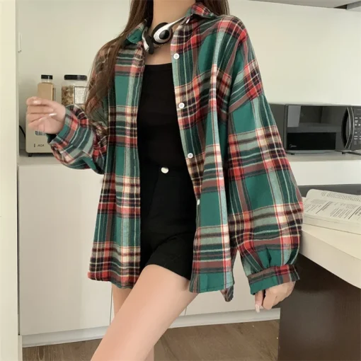 Plaid Shirt for Women with Long Sleeves and Single Breasted Design in Vintage Preppy Style - Image 4