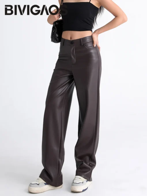 Fleece Wide Leg Warm Leather Pants with Button Pocket for Women in High Waist Design - Image 3