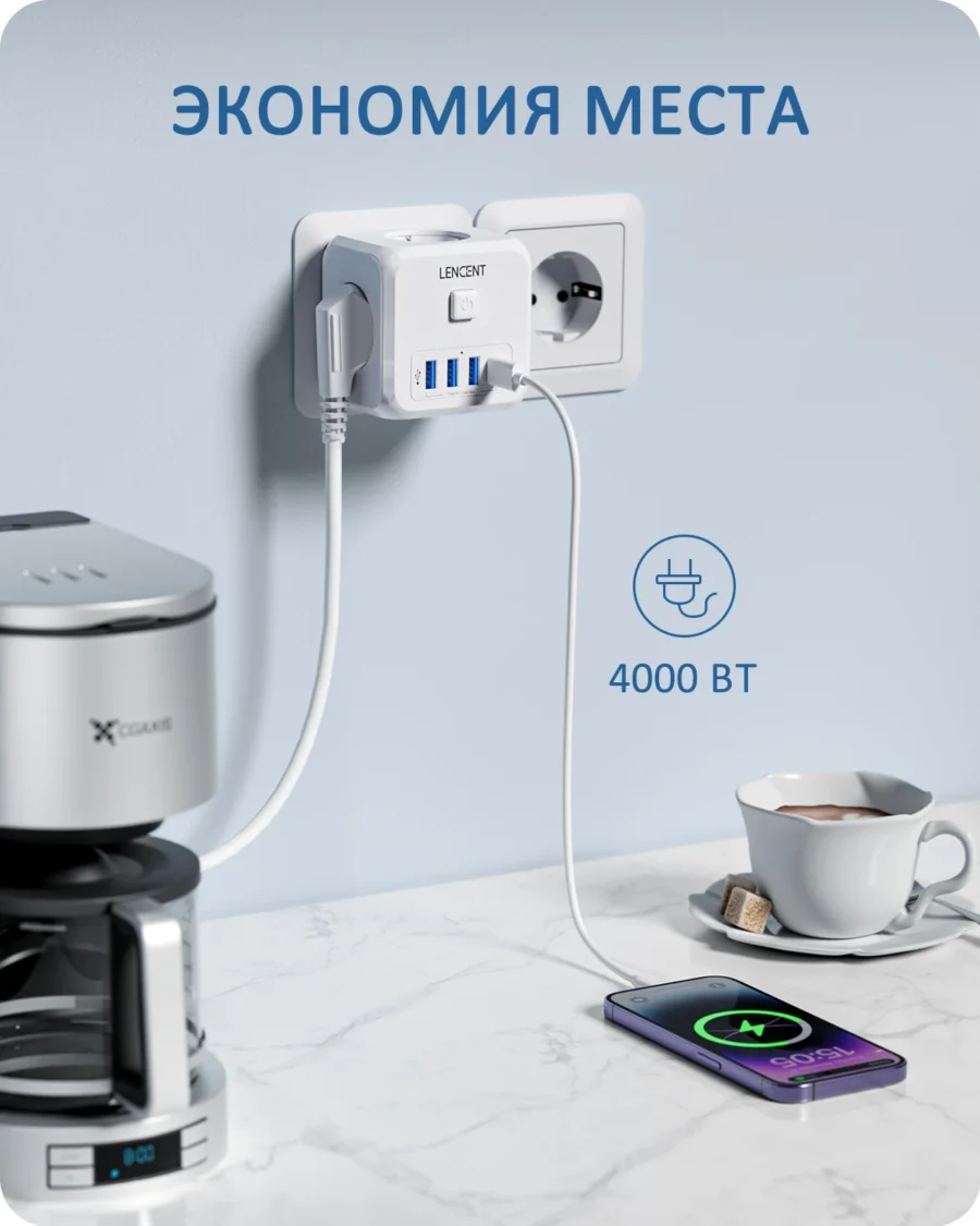 LENCENT EU Plug Power Strip with 3 AC Outlets +3 USB Charging Ports+ 1 Type C 5V 2.4A Adapter 7-in-1 Plug Socket On/Off Switch - Image 6