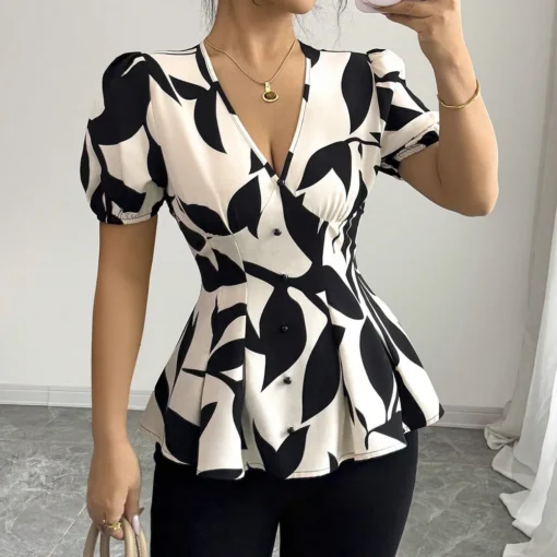 Women Blouse V Neck Short Sleeves Tight Waist Casual Top for Office Wear - Image 6
