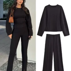 Alternative view of 2-Piece Women's Set + Slimming Design + Round Neck Long-Sleeve Top and Casual Wide Leg Pants