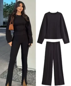 Alternative view of HH Women's 2-Piece Set Fashion Slimming Double-Sided Fabric Round Neck Long-Sleeve Top+Elegant Stretch Casual Wide Leg Pants