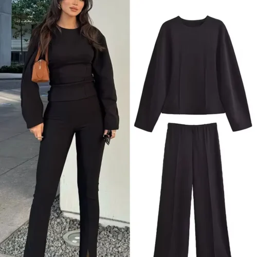 Alternative view of HH Women's 2-Piece Set Fashion Slimming Double-Sided Fabric Round Neck Long-Sleeve Top+Elegant Stretch Casual Wide Leg Pants