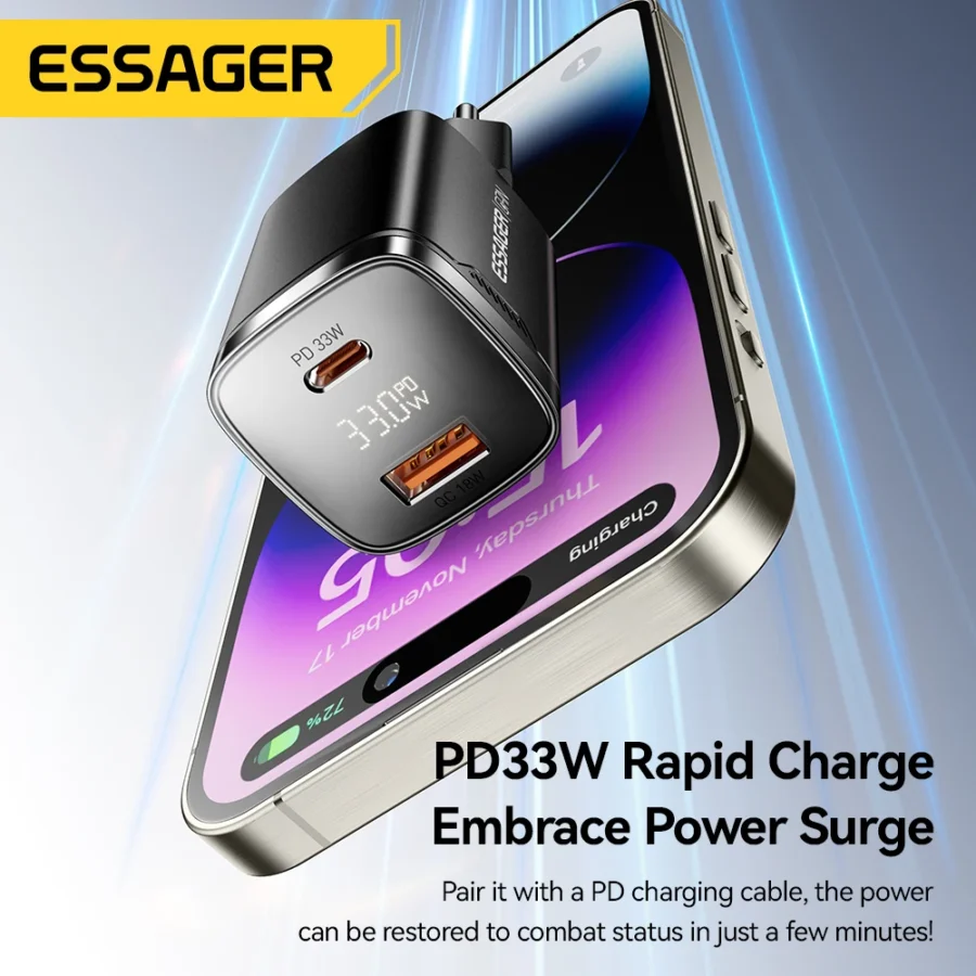 Essager 33W GaN USB-C Charger with Digital Display - Fast Charging for iPhone and Android Devices - Image 2