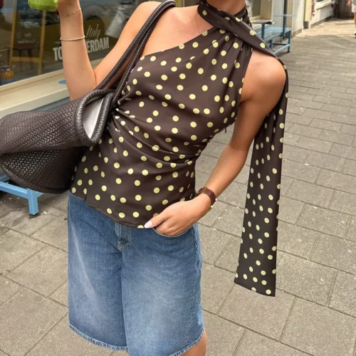 Alternative view of Women Summer Vintage Sexy Polka Dot Crop Tops Sleeveless Backless 2000s Aesthetic Slim Fits Club Party Lady Chic Tanks Tops