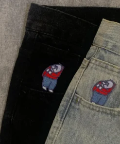 Y2K Women's High Waist Baggy Jeans - Blue Cartoon Embroidery, Straight Fit