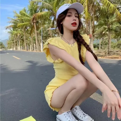 Two Piece Set for Women with Ruffles and Drawstring Shorts in Korean Style - Image 3