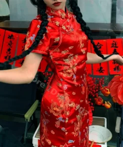 Alternative view of Red Dragon Mini Cheongsam Dress for Women - Satin Vintage Qipao with Mandarin Collar (4XL - 6XL)