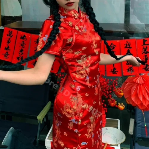 Alternative view of Red Dragon Mini Cheongsam Dress for Women - Satin Vintage Qipao with Mandarin Collar (4XL - 6XL)