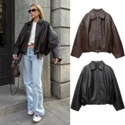 Vintage PU Leather Bomber Jacket with Belt - Long Sleeve Autumn Streetwear for Women