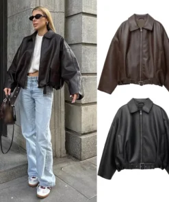 Vintage PU Leather Bomber Jacket for Women - Long Sleeve, Zipper, with Belt, Autumn Streetwear