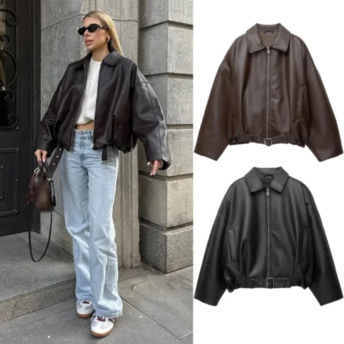 Vintage PU Leather Bomber Jacket for Women - Long Sleeve, Zipper, with Belt, Autumn Streetwear