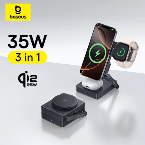 Baseus 3 in 1 Magnetic Wireless Charger Qi2.2 25W Fast Charging For iPhone 17 16 15 14 Apple Watch Earbuds AirPods Pro iWatch