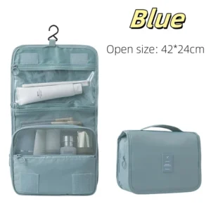 Travel Makeup Bag with Hook - Waterproof Toiletries Organizer for Women - Blue