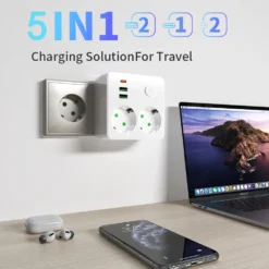 EU Plug Multitap Wall Power Strip with 2 Sockets and 3 USB Ports for Home and Office Use