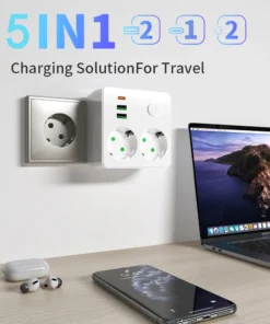 EU Plug Outlet 2 Sockets Multitap Wall Power Strip Electrical Socket No Extension Cord with 2 USB 1 Type-C Ports 2500W MAX Power