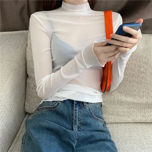 Sheer Mesh Long Sleeve Turtleneck Top with Lace Details for Women - Image 4