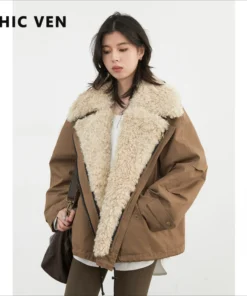 Alternative view of CHIC VEN Women's Retro Motorcycle Jacket - Loose Casual Cotton Overcoat, Warm for Autumn/Winter