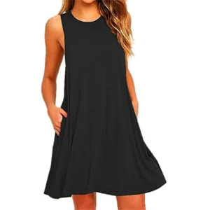 Pleated T-Shirt Dress with Pockets for Women in Casual Summer Style - black, S