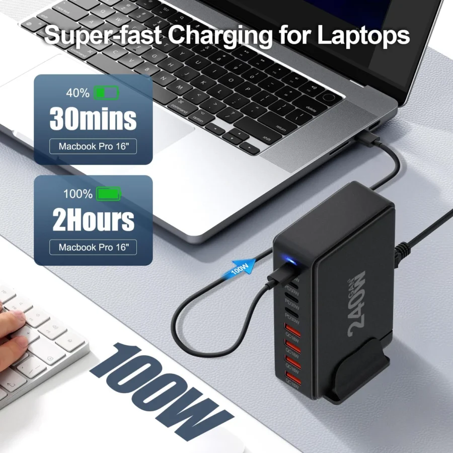 240W fast charging block, 6-port charging station suitable for iPhone/iPad/MacBook, 4C2A PD GaN charger box, USB tower hub, 5-fo - Image 4