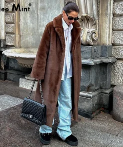 Neo Mint Luxury Faux Mink Fur Coat for Women - Long Warm Outerwear Jacket with Crystal Hooks