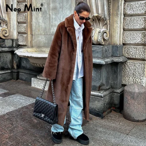 Neo Mint Luxury Faux Mink Fur Coat for Women - Long Warm Outerwear Jacket with Crystal Hooks
