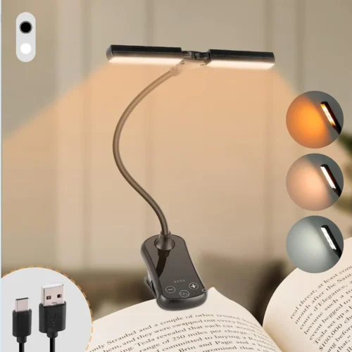 Dual Heads 14 LED Touch Control Reading Light with 3 Colors&8 Brightness USB Rechargeable Eye Care Book Light Clip on Book/Desk