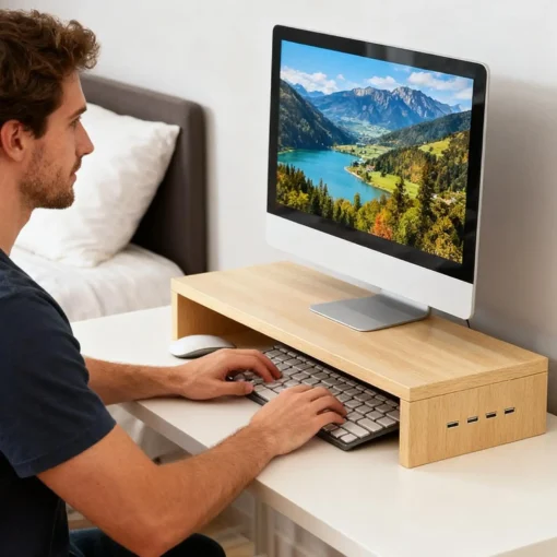 Monitor Stand Riser with Ventilation Shelf and 4 USB Ports for Office Use - Image 2