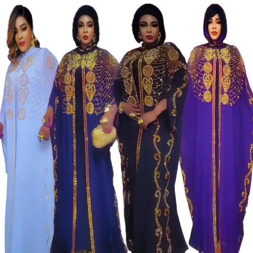 Luxury Chiffon Bubu Dress Set for Women - Plus Size African Style with Rhinestones