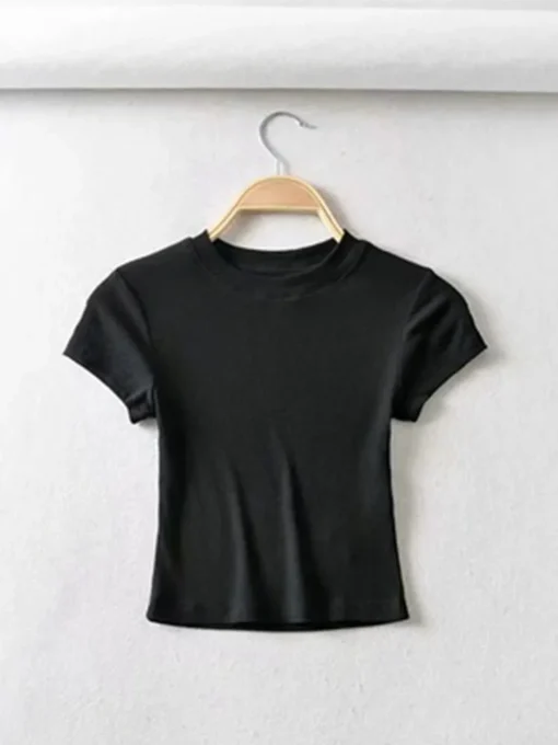 Short-sleeve O-neck T-shirt for women with slim elastic fit in a crop style - Image 3